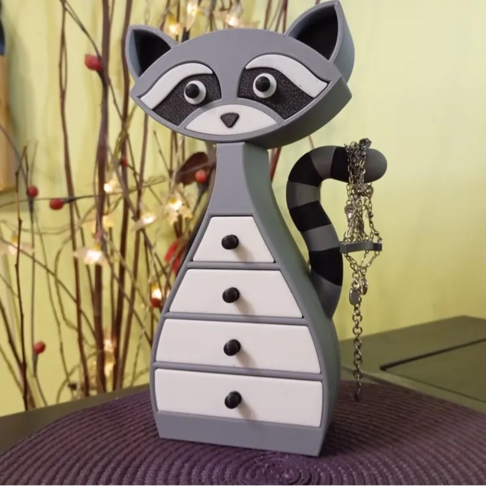 3D Printed Gray & White Raccoon Jewelry Box Holder.